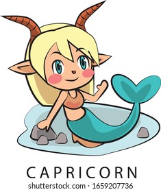 Zodiac sign of Capricorn cute girl illustration vector, December 22 - January 19. Future telling, horoscope, alchemy, spirituality, occultism, fashion.