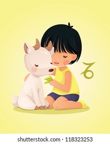 Zodiac sign Capricorn. Cute little boy feeding a goat.