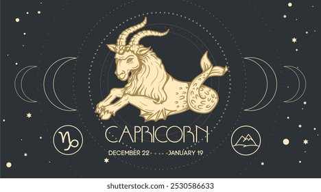 Zodiac sign Capricorn in engraving hand drawn style. Retro astrological sign Sea Goat design template. Vector illustration.