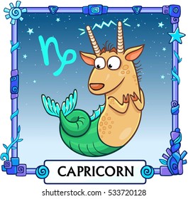 Zodiac sign Capricorn. Fantastic animation animal. A background - the star sky, a decorative frame. Vector illustration.