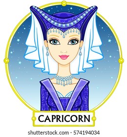 Zodiac sign Capricorn. Fantastic princess, animation portrait. Background - a frame, the night star sky. Vector illustration isolated on white.