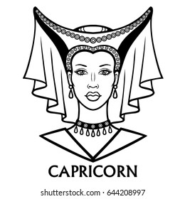 Zodiac sign Capricorn. Fantastic princess, animation portrait. Vector monochrome illustration isolated on a white background.