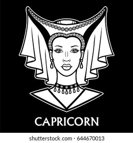 Zodiac sign  Capricorn. Fantastic princess, animation portrait. Vector monochrome illustration isolated on a black background.
