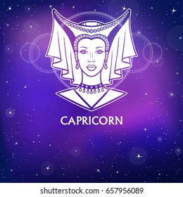 Zodiac sign  Capricorn.   Fantastic princess, animation portrait. White drawing, background - the night stellar sky. Vector illustration.