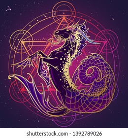 Zodiac sign Capricorn. Fantastic sea creature with body of a goat and a fish tail. Sacred geometry sign and a starry nightsky background. Vintage art nouveau style concept art for horoscope or tattoo.