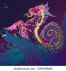 Zodiac sign Capricorn. Fantastic sea creature with body of a goat and a fish tail. Ocean waves and a starry nightsky background. Vintage art nouveau style concept art for horoscope or tattoo.