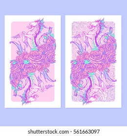 Zodiac sign Capricorn. Fantastic sea creature with body of a goat and a fish tail. Decorative frame of roses. art nouveau style concept art for horoscope, tattoo or colouring book. Vertical banners