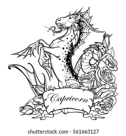 Zodiac sign Capricorn. Fantastic sea creature with body of a goat and a fish tail Decorative frame of roses. Vintage art nouveau style concept art for horoscope, tattoo or colouring book. EPS10 vector