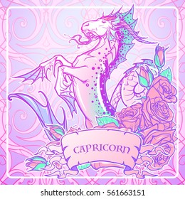 Zodiac sign Capricorn. Fantastic sea creature with body of a goat and a fish tail Decorative frame of roses. Vintage art nouveau style concept art for horoscope, tattoo or colouring book. EPS10 vector