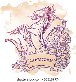 Zodiac sign Capricorn. Fantastic sea creature with body of a goat and a fish tail Decorative frame of roses. Vintage art nouveau style concept art for horoscope, tattoo or colouring book. EPS10 vector