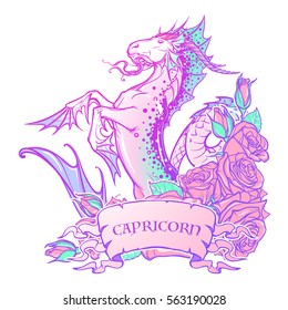 Zodiac sign Capricorn. Fantastic sea creature with body of a goat and a fish tail Decorative frame of roses. Vintage art nouveau style concept art for horoscope, tattoo or colouring book. EPS10 vector