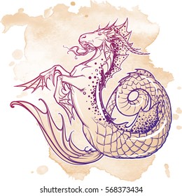 Zodiac sign Capricorn. Fantastic sea creature with body of a goat and a fish tail. Vintage art nouveau style concept art for horoscope, tattoo or colouring book. EPS10 vector