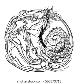 Zodiac sign Capricorn. Fantastic sea creature with body of a goat and a fish tail Decorative water swirls. Vintage art nouveau style concept art for horoscope, tattoo or colouring book. EPS10 vector