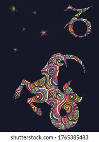 Zodiac sign Capricorn fill with colorful muted wavy shapes on the dark gray background with stars and astrological symbols, vector illustration