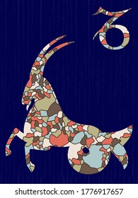 Zodiac sign Capricorn fill with colorful muted mosaic shapes on the dark blue background with astrological symbols, vector illustration