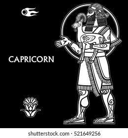  Zodiac sign Capricorn. Full growth. White drawing isolated on a black background, based on motives of Sumerian art. Vector illustration.