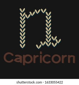 Zodiac sign Capricorn, hand drawn vector with brown, dark green and dark blue mini hearts isolated on the black background