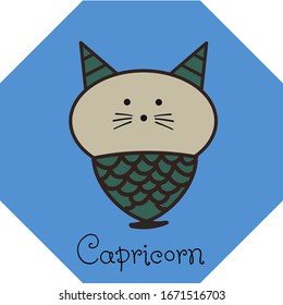 Zodiac sign Capricorn, hand drawn cute cartoon vector with light gray otter with green horns and tail isolated on the blue background