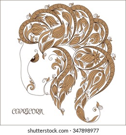 Zodiac sign - Capricorn. Hand drawn doodle scorpion with elements of the ornament in ethnic style, of lace flowers, tendrils and leaves . Vector illustration, Isolated on white.