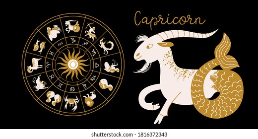 Zodiac sign Capricorn. Horoscope and astrology. Full horoscope in the circle. Horoscope wheel zodiac with twelve signs vector. 