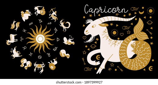 Zodiac sign Capricorn. Horoscope and astrology. Full horoscope in the circle. Horoscope wheel zodiac with twelve signs vector. 