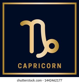 Zodiac sign. Capricorn. Horoscope. Isolated golden symbol on a blue background with a golden inscription. Vector illustration