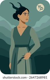 Símbolo zodíaco Capricórnio. Horóscopos. Astrologia. Ilustração vetorial de uma mulher na imagem de Capricórnio com chifres e um galho na mão. Símbolo de fortaleza, determinação, resistência interna