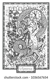 Zodiac sign Capricorn with ivy, tower and lucky numbers. Hand drawn fantasy graphic vector illustration in frame. Black and white doodle mystic drawing with engraved horoscope symbol