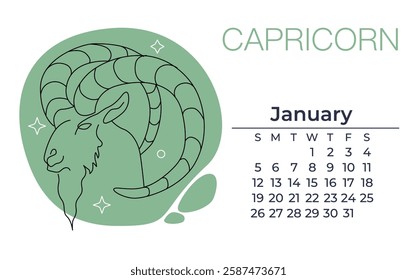 Zodiac sign Capricorn. Linear drawing of a goat's head. Zodiac character with January calendar for poster