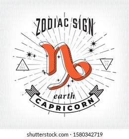 Zodiac Sign Capricorn Logo and Earth Lettering with Capricornus Constellation Stars and Dates over Rays Circle - Black on White Striped Background - Vector Vintage Graphic Design