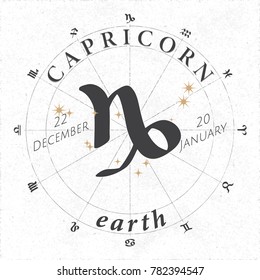 Zodiac Sign Capricorn Logo and Earth Lettering with Capricornus Constellation Stars and Dates in Zodiac Circle - Black and Beige Elements on White Paper Background - Vector Vintage Graphic Design