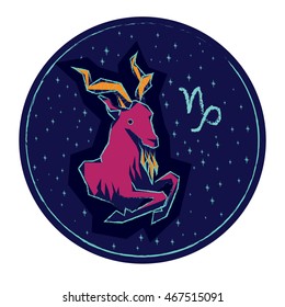 Zodiac sign Capricorn on night starry sky background. Vector illustration.