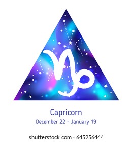 Zodiac sign Capricorn over hipster triangle with space galactic starry texture inside. Night sky full of stars. Vector galaxy design for horoscope predictions, fortune telling, posters. Inner space.