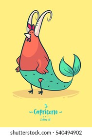 Zodiac sign Capricorn. Rooster with fish tail. Zodiac greeting card background poster. Vector illustration. Horoscope Sign