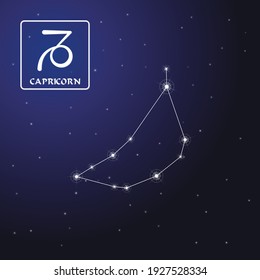 Zodiac sign Capricorn in the starry sky. Schematic representation of the zodiac sign with its name and symbol