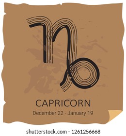 Zodiac sign Capricorn with text frame on craft paper background. Grunge style. Zodiac constellation. Design template for horoscope and astrological forecast.