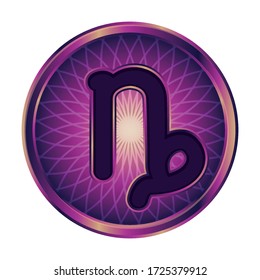 The zodiac sign capricorn vector icon in shades of purple round shape for a horoscope or an astrological forecast. Isolated stock illustration on a white background. Use it for an astrological website