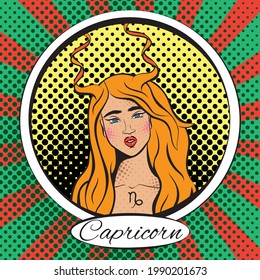 Zodiac sign Capricorn woman. Pop art vector illustration. Line art, ideal for poster, print, postcard, colouring book.	
