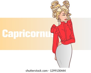 Zodiac sign Capricornus. Beautiful fashion girl with with curly hair. Zodiac constellation. Template for banner website.