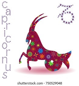 Zodiac sign Capricornus, claret vector silhouette with stylized multicolor stars isolated on the white background