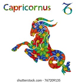 Zodiac sign Capricornus with filling of colorful stylized flowers on a white background, vector illustration