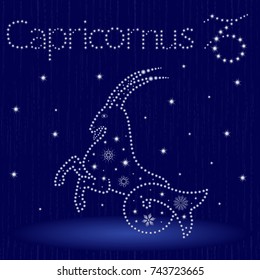 Zodiac sign Capricornus on a blue starry sky, hand drawn vector illustration in winter motif with stylized stars and snowflakes over seamless background