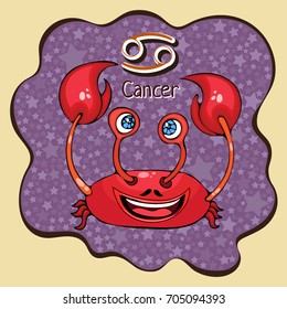 Zodiac sign cartoon Cancer, astrological character, hand drawing. Painted funny cancer in the frame in the form of an abstract purple ink spot with background of stars. Vector illustration