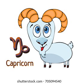 Zodiac sign cartoon Capricorn, astrological character. Painted funny capricorn with a symbol isolated on white background, vector hand drawing