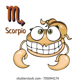 Zodiac sign cartoon Scorpio, astrological character. Painted funny scorpio with a symbol isolated on white background, vector hand drawing