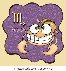 Zodiac sign cartoon Scorpio, astrological character, hand drawing. Painted funny scorpio in the frame in the form of an abstract purple ink spot with background of stars. Vector illustration