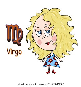 Zodiac sign cartoon Virgo, astrological character. Painted funny virgo with a symbol isolated on white background, vector hand drawing