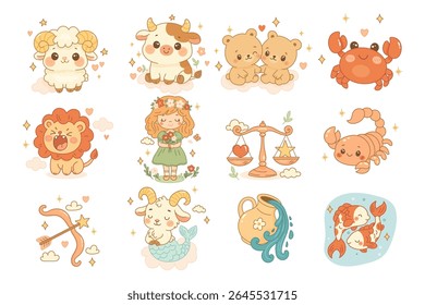 Zodiac sign character set in cute cartoon style