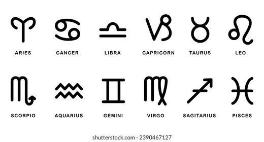 Zodiac sign collection on a white background. 12 Zodiac signs set isolated. Set of simple stroke zodiac signs