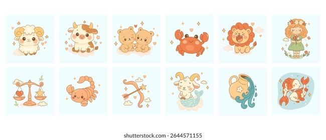 Coleção de sinais do zodíaco, conjunto de doze ilustrações bonitas
